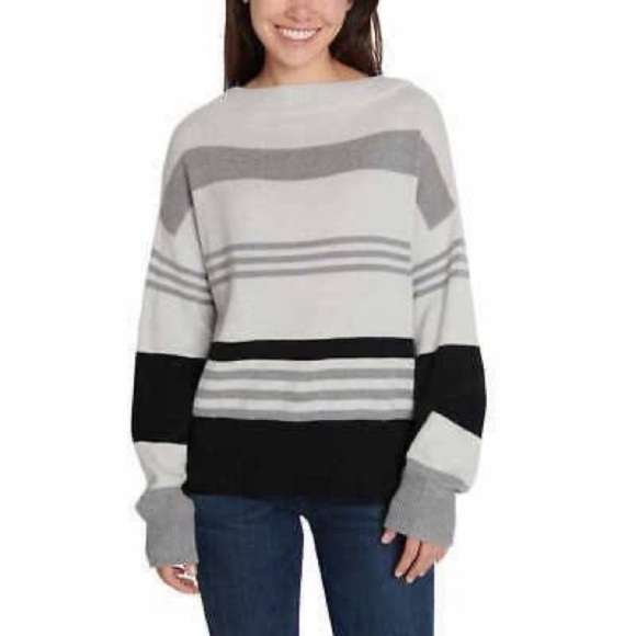NWT Lucky Brand Grey and Black Striped Sweater Size M - Picture 1 of 9